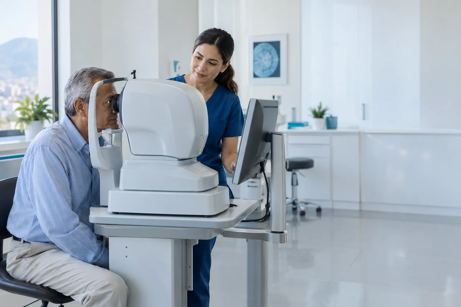 Paciente durante una evaluación ocular con tecnología especializada